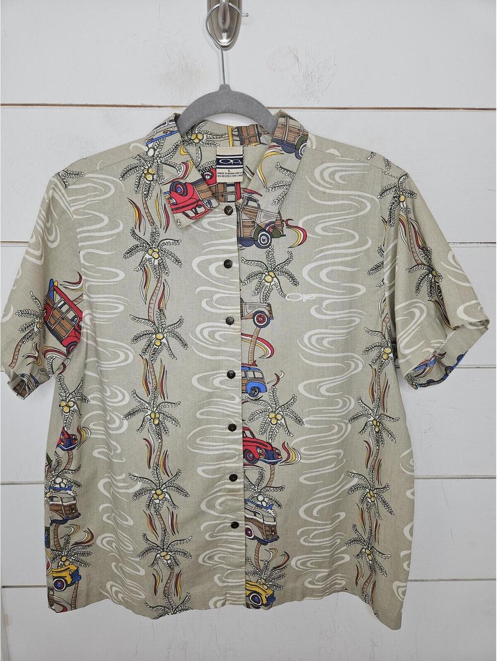 Vintage Ocean Pacific large tan & white woody car tropical Hawaiian shirt